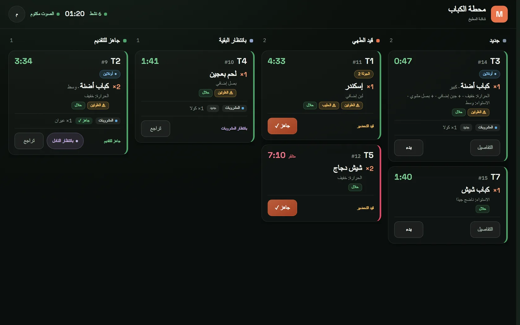 شاشة مطبخ Mealar تعرض الطلبات الواردة مجمّعة حسب مرحلة التحضير.